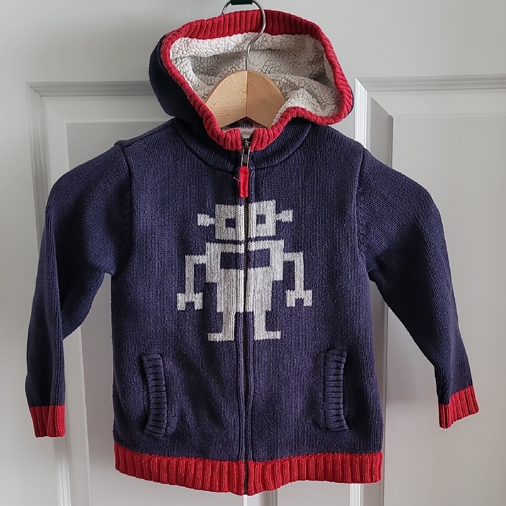 HANNA ANDERSSON | Navy & Red Robot Knit Sherpa-Lined Sweater Hoodie | 100 | 4T